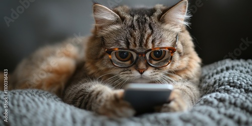 Cat wearing glasses with a phone on a bed. Funny and quirky pet concept. Perfect for banners featuring household pets and humor. photo