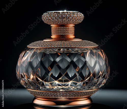 Faceted glass bottle of luxury perfume on a dark background