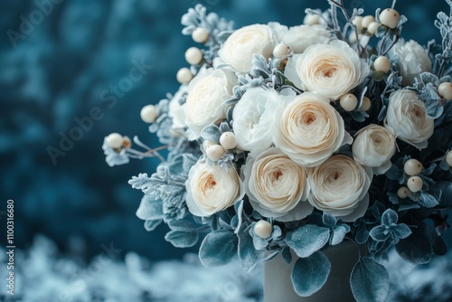 Wedding bouquet of white roses on a blue background. Elegant and romantic floral design. Ideal for banners celebrating weddings and love. photo