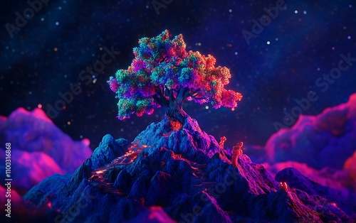  tree atop a mountain with vibrant colors in a fantasy landscape Highly detailed figures and a surreal psychedelic background with glowing neon lighting clean sharp focus photo