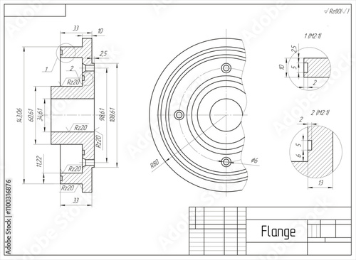 Vector mechanical part of machine - flange.
Engineering assembly drawing of steel device
with dimension lines. Industrial technic 
cad scheme on white paper sheet. Machined tool
with through holes. 