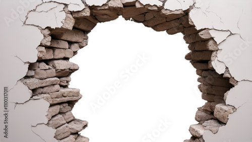 A large hole in a weathered brick wall, revealing a dark void  transparent background 