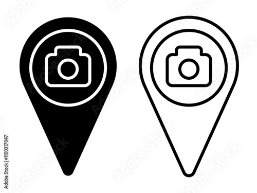 photo spot icon, map pin icon with camera simple flat style, pictogram for ui or ux vector illustration, isolated on white