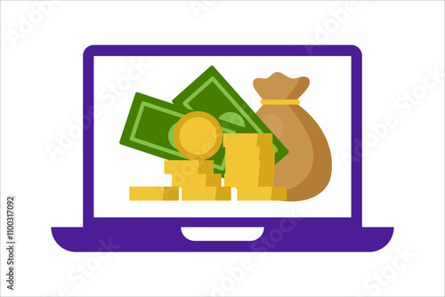 Money on the laptop screen. Vector simple color flat illustration.