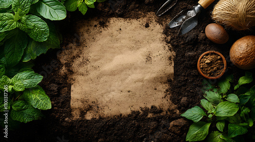 A flat lay photo of soil with various gardening tools such as a spade, rake, and gloves, alongside a piece of paper with handwritten text, symbolizing gardening and the joy of planting, captured in na