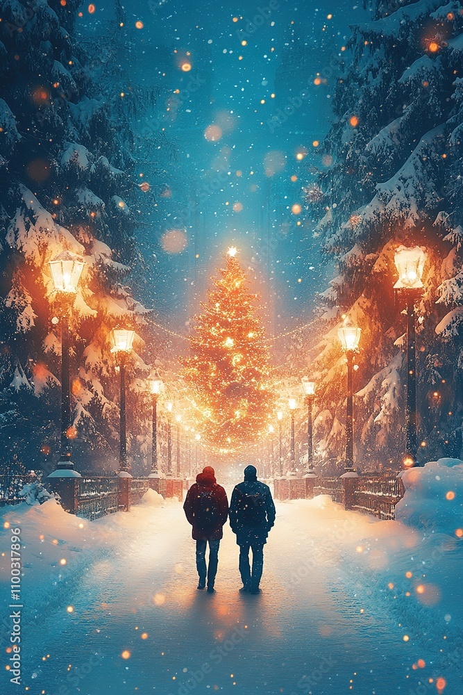 Fototapeta premium illustration of a beautiful snowy cityscape.Cartoon scene of a modern evening city