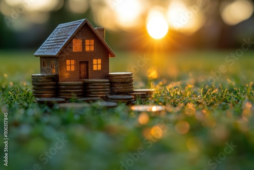 House model with stacked coins representing property value. A modern concept for real estate and investment. Perfect banner design with text space. photo