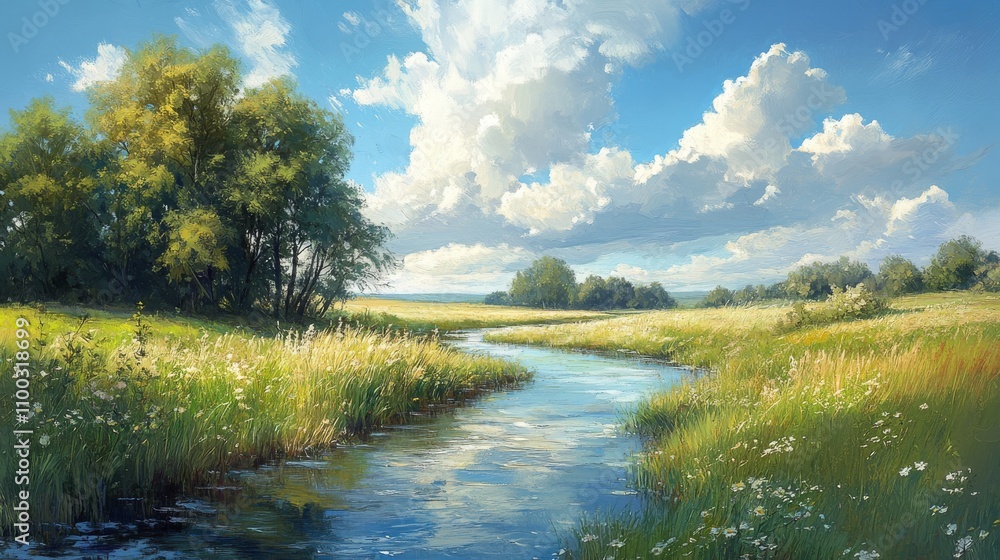 Obraz premium Serene Summer Stream Landscape With Lush Greenery