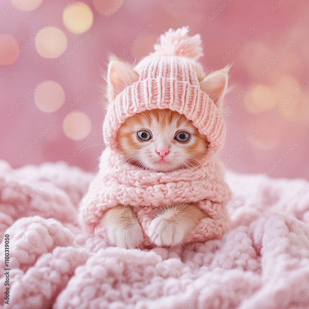 Fototapeta premium A tiny kitten in cozy winter clothes, exuding warmth and affection. This pastel design captures a lovable feline, perfect for Valentine's Day or as a charming fairy tale character.