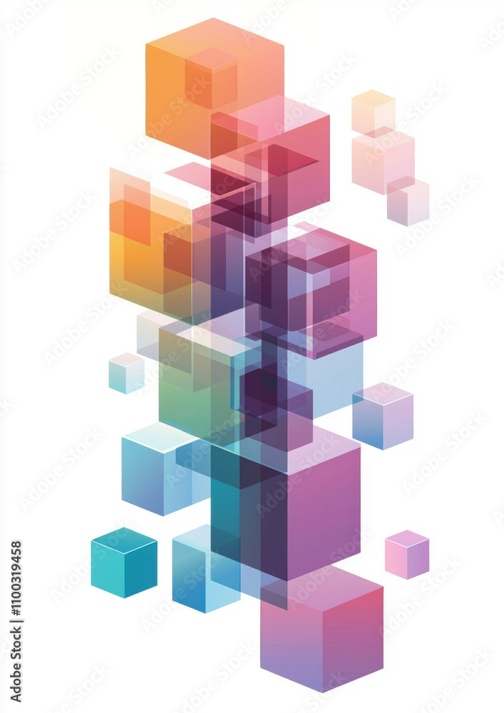 Obraz premium Colourful translucent cubes stacked dynamically on a white background, creating a modern, geometric abstract visual.