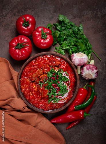 Chashushuli, a traditional Georgian dish, spicy, stewed meat with tomatoes and spices, homemade, no people, photo