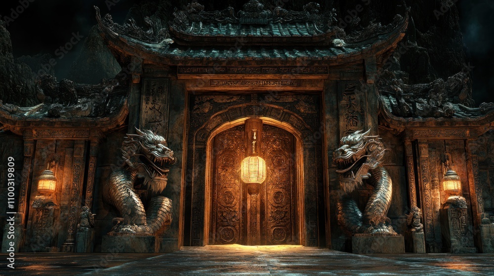 Fototapeta premium A grand, ancient entrance with dragon sculptures and lanterns, evoking mystery and history.
