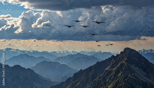 Escadrille dans les nuages au-dessus des montagnes