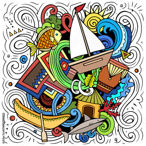 Vector doodle illustration with Belize theme. Funny design, capturing the essence of Central America culture and traditions through playful cartoon symbols