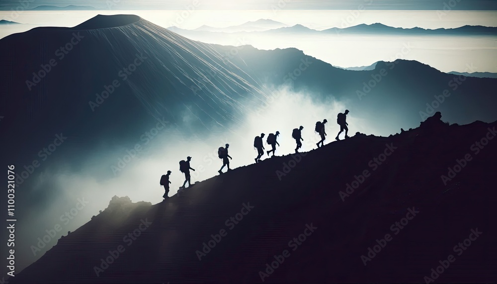 Fototapeta premium Explorers walking around the rim of a volcanic crater, silhouette, action photography, aesthetics,