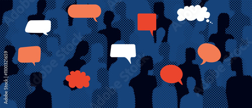 A crowd of faceless people, represented as silhouettes, with various speech bubbles above their heads. A symbol of communication, interaction, the power of the crowd, different opinions.