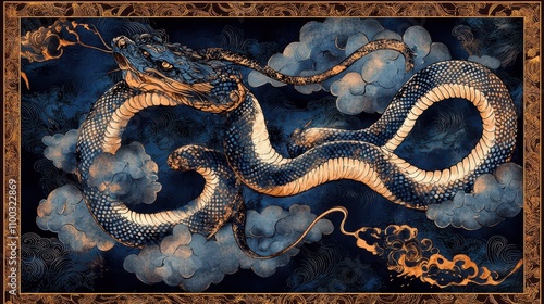 Japanese Woodblock-Inspired Border: Coiled Snakes Amid Cloud Patterns with Indigo and Copper Palette, Stylized Waves, Authentic Woodgrain Texture. Museum Quality.