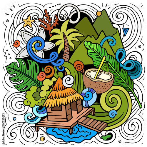 Bora-Bora cartoon doodle illustration. Creative funny vector background with French Polynesia elements and objects.