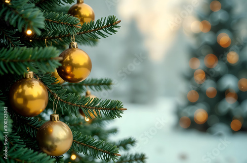 Obraz na płótnie Branches of a Christmas tree with golden Christmas balls and a blurred background space for copying w salonie