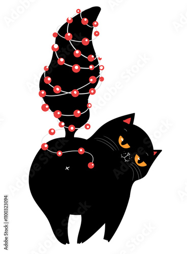 Kawaii cartoon black cat character. a black cunning cat is standing with its back to the camera, its tail is wrapped in garland and looks like a Christmas tree. Merry Christmas. Greeting card. 