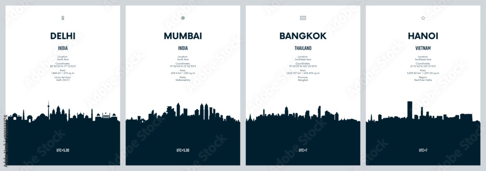 Φωτογραφία Travel vector set with city skylines Delhi, Mumbai, Bangkok, Hanoi detailed city