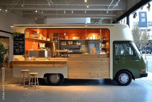 A food truck with a wooden counter and a green truck photo