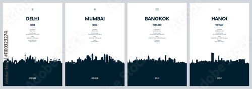 Travel vector set with city skylines Delhi, Mumbai, Bangkok, Hanoi detailed city skylines minimalistic graphic artwork