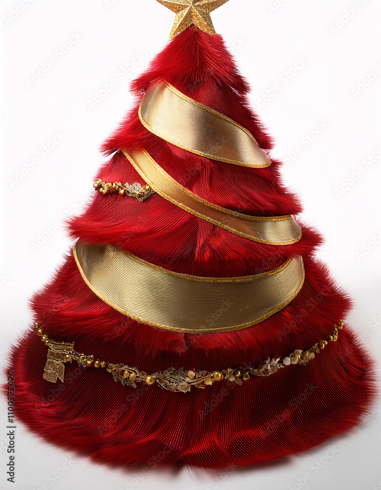 A festive red feather Christmas tree adorned with gold ribbon and ornaments, adding a unique touch to the holiday decor A festive red feather Christmas tree adorned with gold ribbon and ornaments, adding a unique touch to the holiday decor