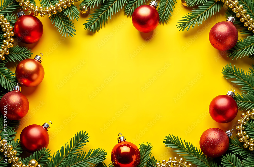 rectangular frame made of fir branches and Christmas toys and spaces
