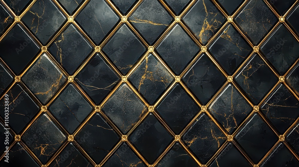 Fototapeta premium Decorative black marble tiles with gold veining and trim