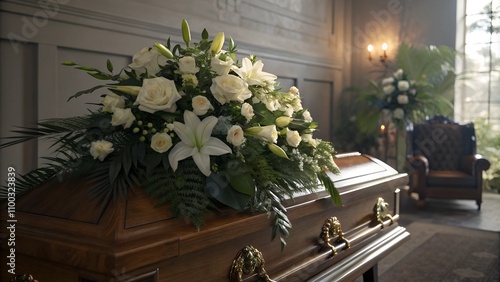 Casket with white lilies in a modern funeral home