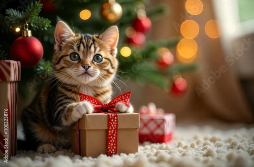 Obraz na płótnie A cute fluffy kitten holds in its paws a gift box with a bow near the Christmas tree with toys and a space for copying w salonie