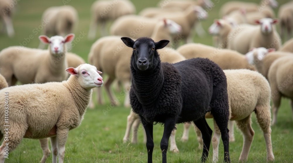 Fototapeta premium One black sheep between flock of white sheep