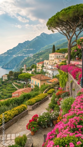 Stunning Views of Ravello Village With Vibrant Summer Flowers Along the Amalfi Coast. Generative AI photo