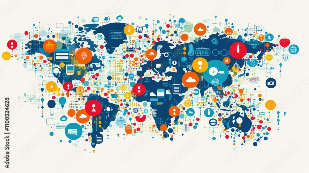 Fototapeta premium Global network connection map showing worldwide communication and data exchange.