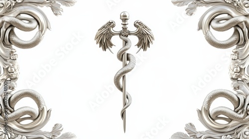 Caduceus-Inspired Corporate Frame: Symmetrical Snakes and Rod of Asclepius Motifs in a Clean Platinum and White Design with Subtle Metallic Sheen. Ultra-Sharp Quality.