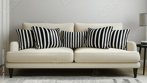 White sofa in minimalist living room, black and white striped cushions