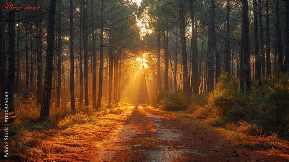 Fototapeta premium Warm sunlight filters through tall trees along a tranquil forest path in the early morning light. Generative AI