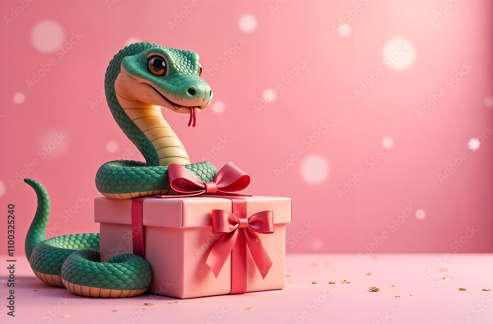 A gift box with a coiling funny snake on a pink blurred background and a copy space. Concept - Chinese New Year