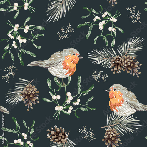 Christmas seamless pattern, robin birds, pine twigs, cones, mistletoe, black night background. Vector illustration. Nature design. Season greeting. Winter holidays