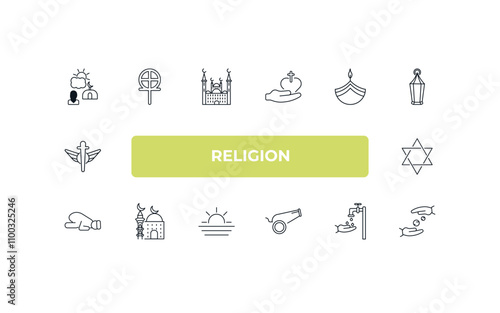 fully editable outline icon collection from religion concept. thin line icons set such as fajr dawn prayer, gticism, diwali, islamic wudu, sadaqah,