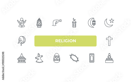 fully editable outline icon collection from religion concept. thin line icons set such as buddhist monk, old oil lamp, ramadan month, islamic praying carpet, great buddha,