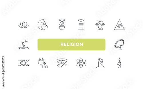 fully editable outline icon collection from religion concept. thin line icons set such as buddhism, star and crescent moon, subah prayer, salah, candle,