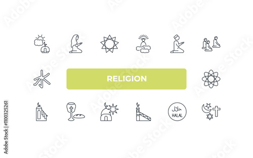 fully editable outline icon collection from religion concept. thin line icons set such as assr, muslim woman praying, muslim man praying, islamic halal, abrahamic,
