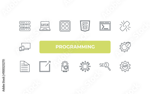 fully editable outline icon collection from programming concept. thin line icons set such as server, ux de, code terminal, image seo, api,