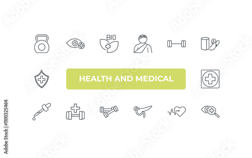 fully editable outline icon collection from health and medical concept. thin line icons set such as kettlebell, ophthalmology, weightlifting, cardiology, optometrist,