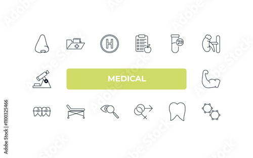 fully editable outline icon collection from medical concept. thin line icons set such as l, medical results folders, plasma, tooth, molecular structure,
