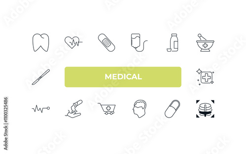 fully editable outline icon collection from medical concept. thin line icons set such as molar, cardiogram, syrup medicine bottle, pill, x ray of bones,