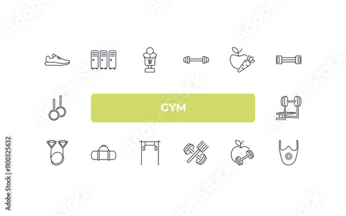 fully editable outline icon collection from gym concept. thin line icons set such as trainers, locker, carrot and, fitness nutrition, elevation mask,