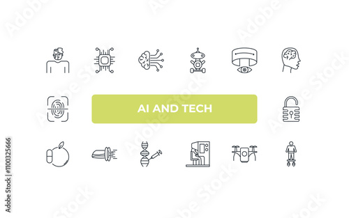 fully editable outline icon collection from ai and tech concept. thin line icons set such as cyborg, chip, immersive, unmanned aerial vehicle, flyboard,